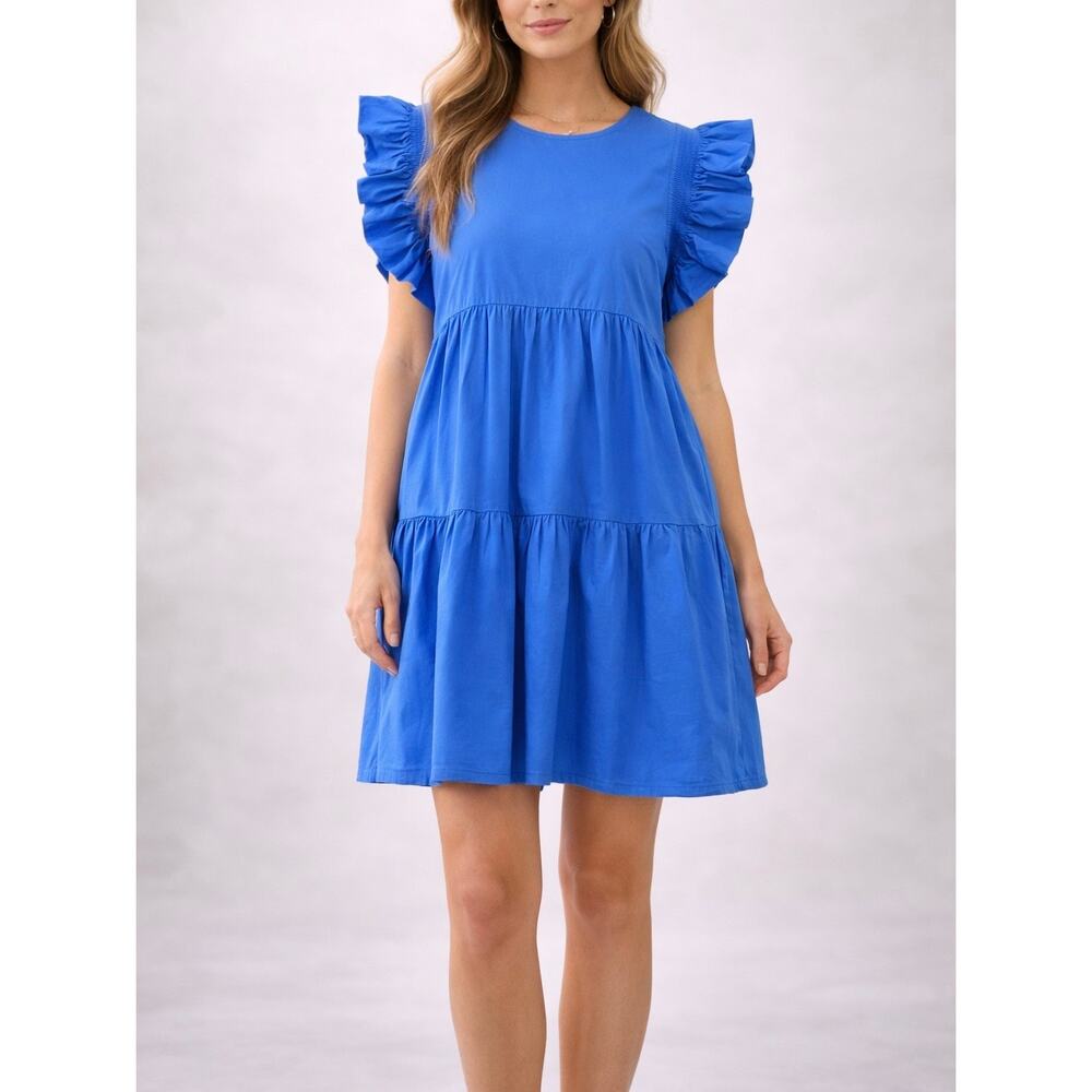English Factory Blue Ruffled Sleeve Babydoll Mini Dress With Pockets Size Large